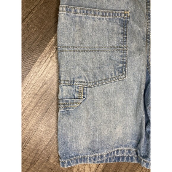 OshKosh 5T Denim Short Overalls Vestbak Carpenter Conductor Stripe Straps Unisex - Picture 7 of 9